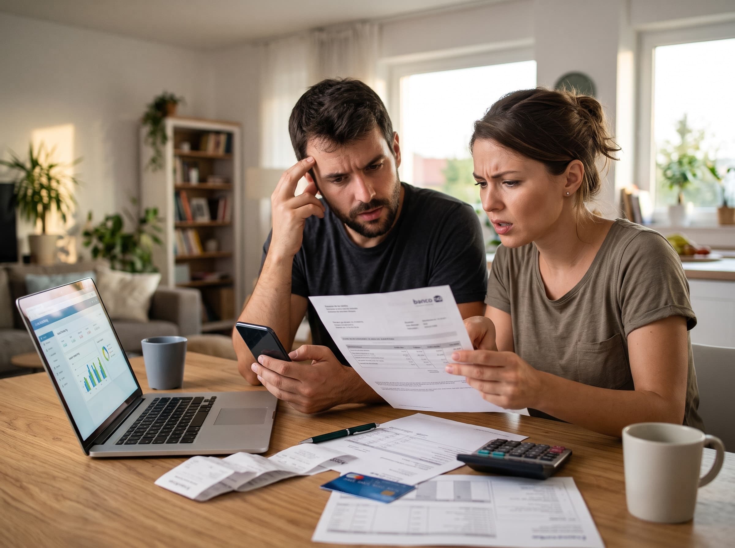 Casal à mesa com a conta do banco na mão, o celular e o notebook, com cara de preocupação.