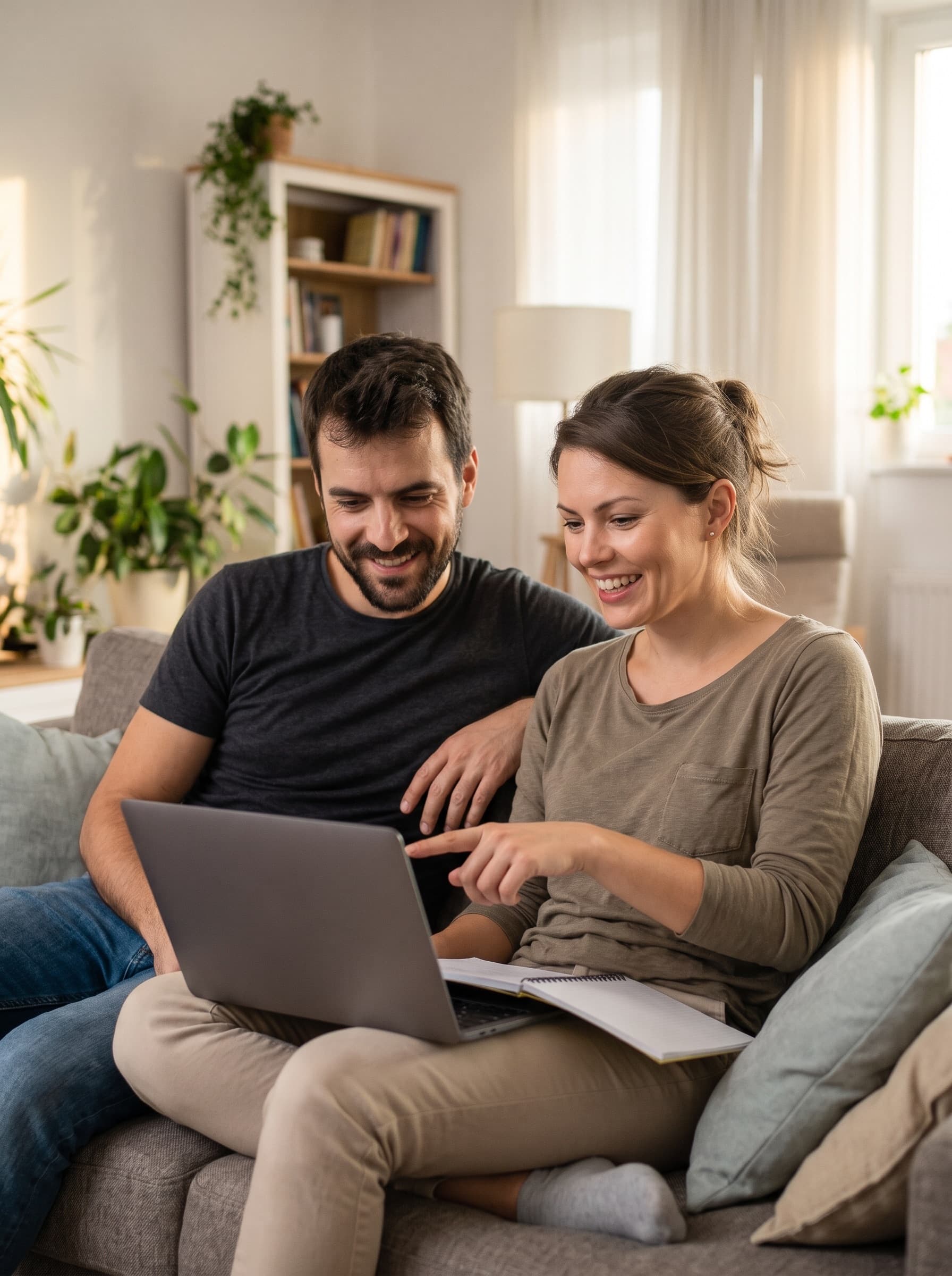 Casal sorrindo no sofá com o notebook no colo; ela aponta algo na tela para ele.