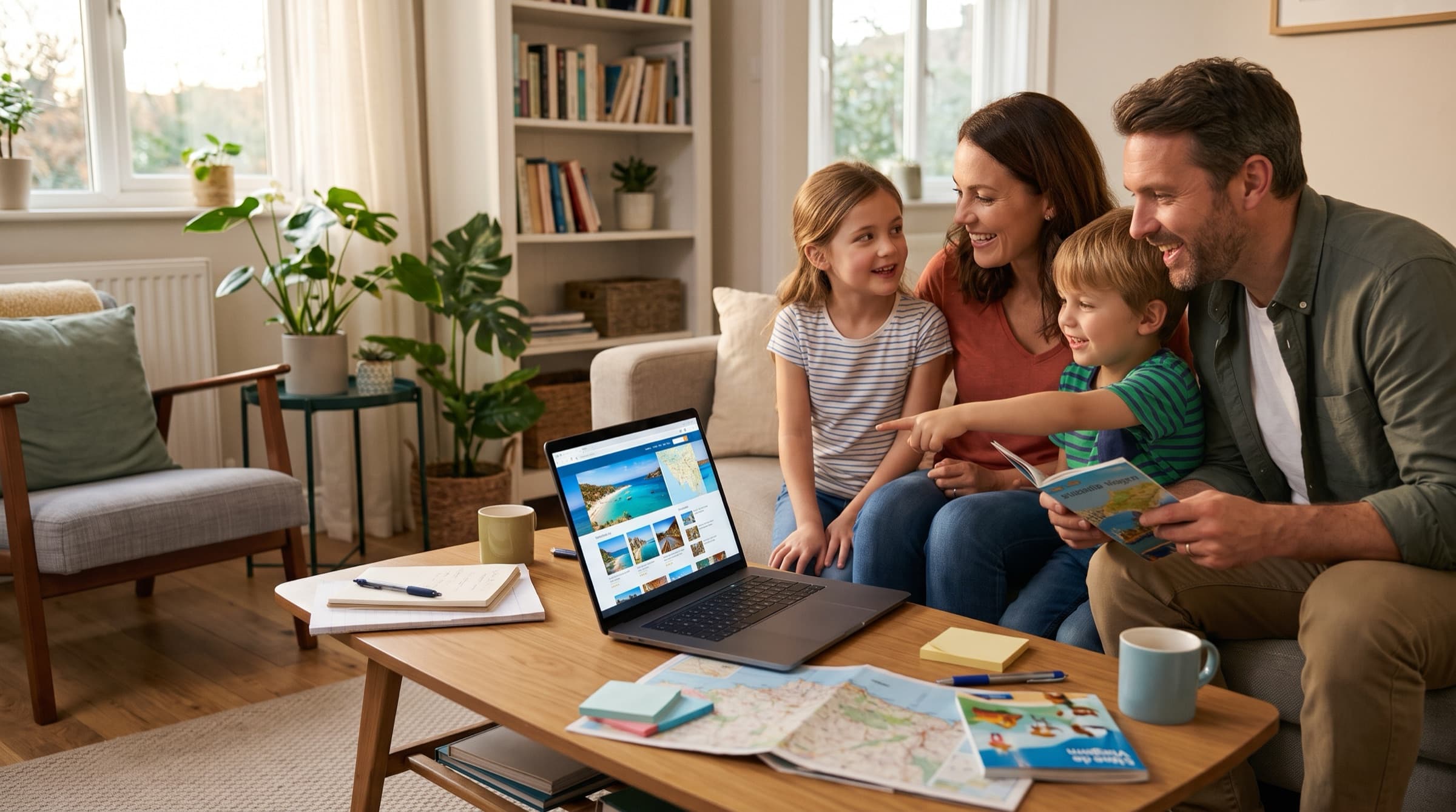 Família na sala planejando uma viagem: pai, mãe e dois filhos olham fotos de praia no notebook, com mapas e um guia sobre a mesa.